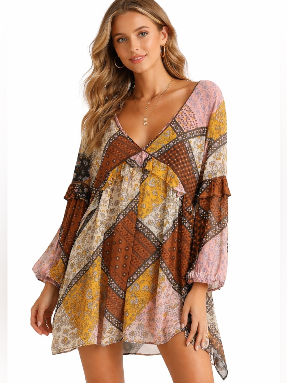RAGA Jenya Mini Dress Boho Patchwork Festival Prairie Size L
